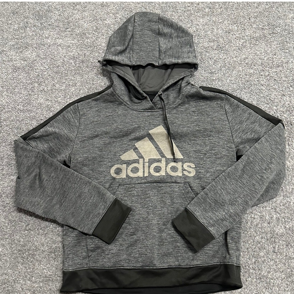 Adidas Hoodie Womens Size L Gray Space Dye Pullover Logo Athletic Thumbhole Cuff